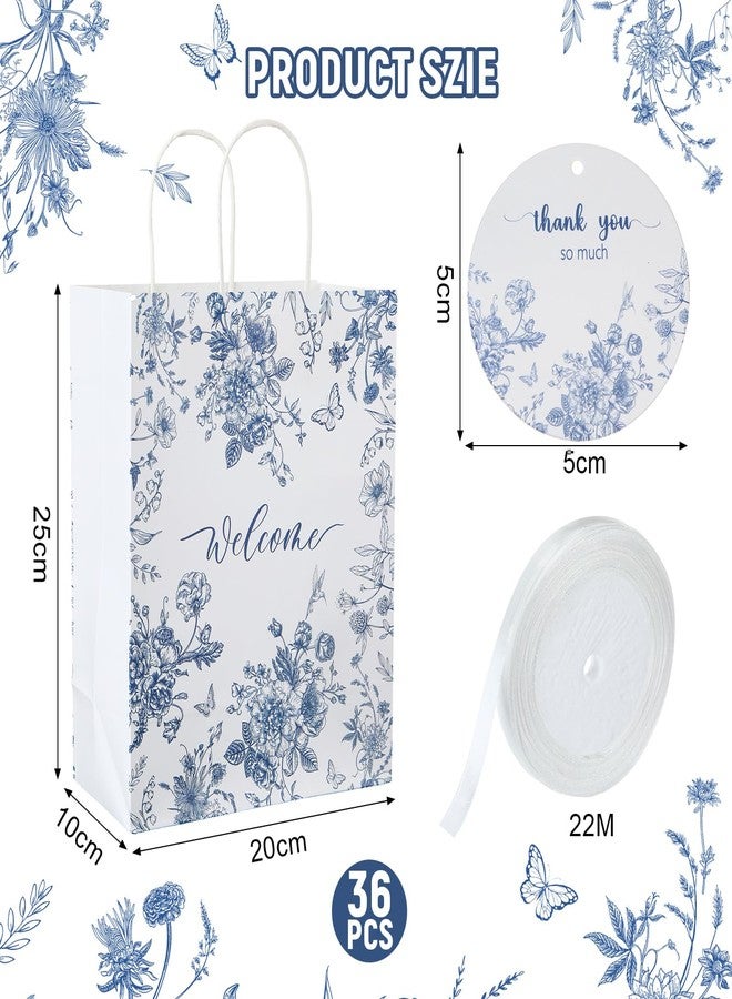 Queekay 36 Pcs Large Welcome Paper Gift Bags with Handle 10.6 x 8.3 x 4 Inches with 36 Tags Wedding Church Party Favor Bridal Gift Bags for Guest Birthday Baby Shower(Blue Floral,Blue and White) - Image 2